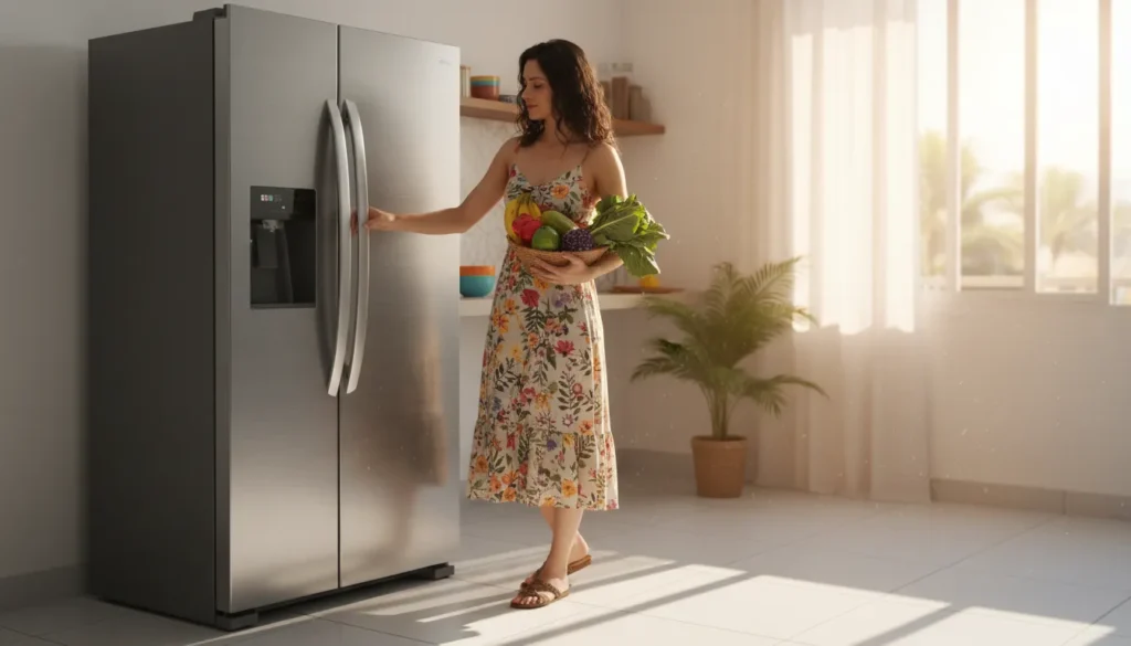 Qual geladeira inox tem iluminação LED em todas as prateleiras? Geladeira inox com display digital externo moderno