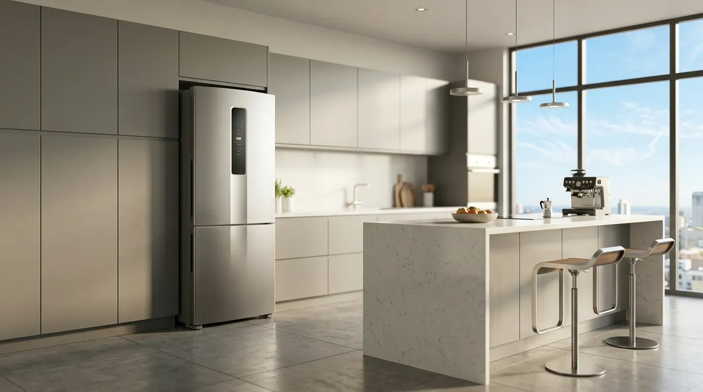 Geladeira inox com painel frontal digital elegante