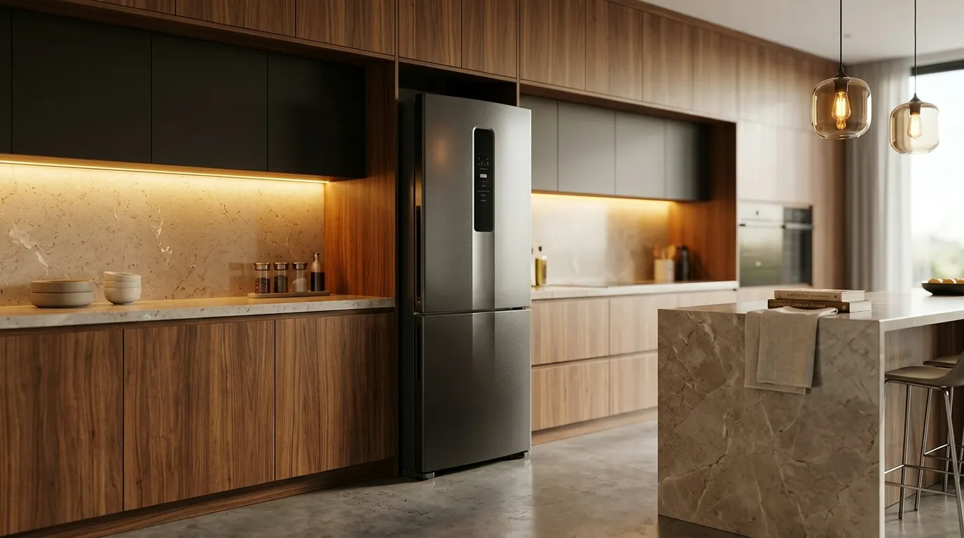 Geladeira inox para cozinha planejada pequena em L