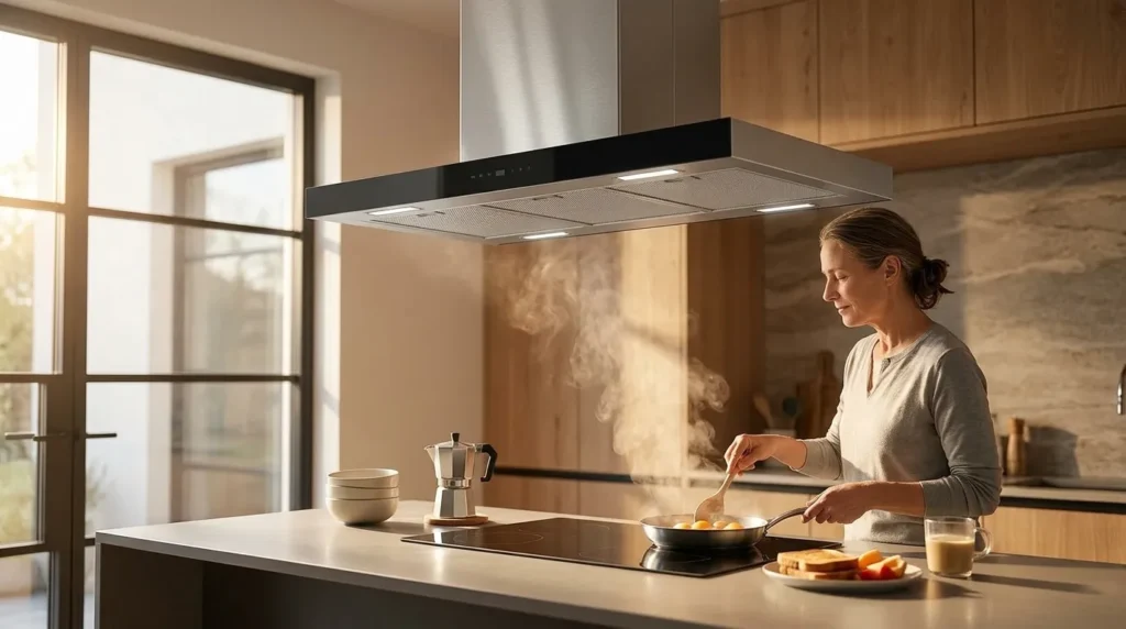 Coifa de ilha Fogatti vidro reto: quais são os diferenciais desse modelo? coifa de ilha com estrutura em vidro e inox comprar