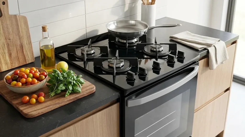 Fogão 4 Bocas Mesa de Vidro ou Cooktop a Gás 4 Bocas: Qual Faz Mais Sentido Para Cozinha Planejada? fogao bocas mesa de vidro com controle frontal ergonomico