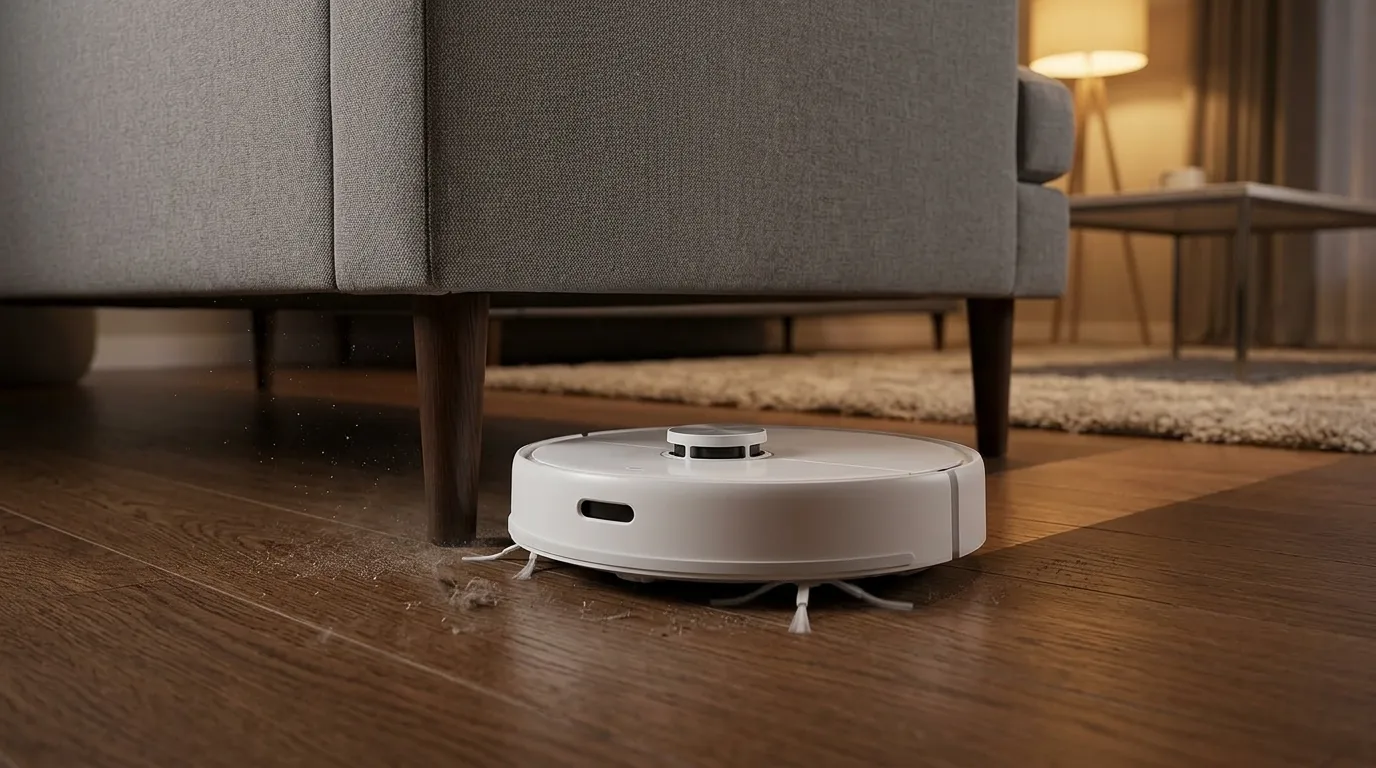 Robô aspirador limpando tapete em casa